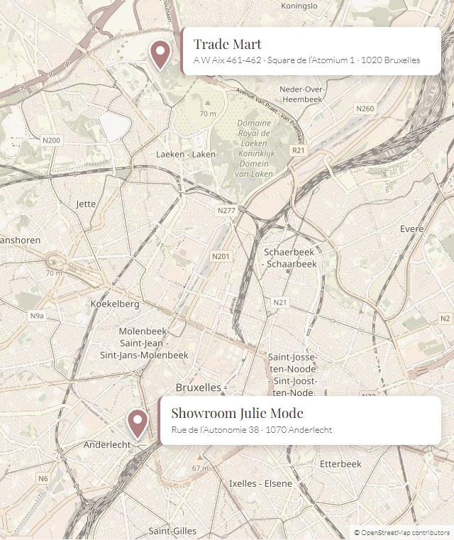 Showroom Julie Mode, Rue de l’Autonomie 38, 1070 Anderlecht · A W Aix 461-462, Trade Mart, Square de l’Atomium 1, 1020 Bruxelles